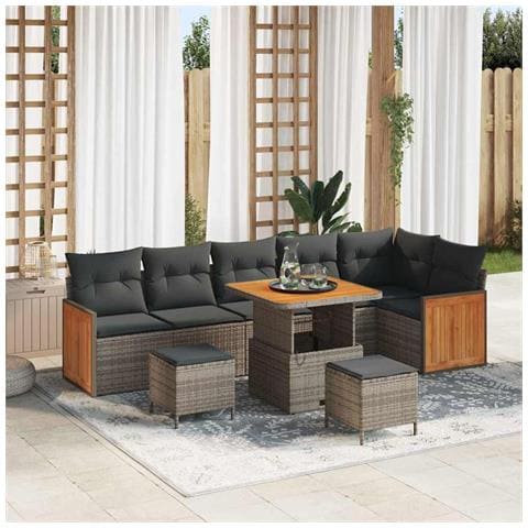 Set Divano da Giardino 9 Pezzi con Cuscini Grigio Polyrattan Acacia, Divano da Giardino 2 Posti con Cuscini Grigio Polyrattan, Set da Pranzo Giardino 3 Pezzi con Cuscini Grigio Polyrattan Acacia - Foto 2
