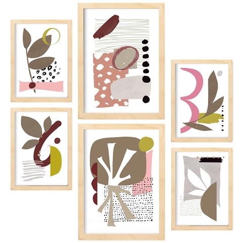 Set Di 6 Stampe Forma Particolare 1 In Fiore Dipinti Decorativi Estetici Astratti Per Il Tuo Soggiorno Di Casa A3 & A4 Telaio In Legno Chiaro - Foto 1