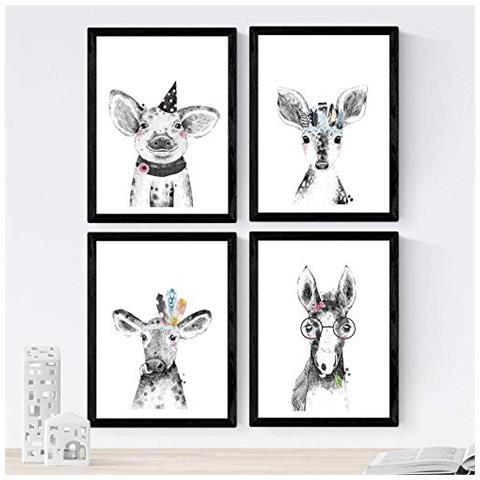 Set Di 4 Stampe Di Animali Per Bambini Con Occhiali E Fiori, Poster Di Carta 250 Gr.. Cornice Nera A4 - Foto 1