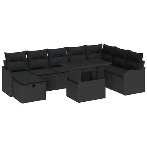 Set Divano da Giardino con cuscino 9 pcs Nero Poly Rattan - Foto 1