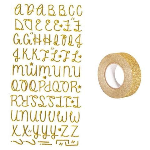Adesivi Alfabete Dorato Con Glitter + Washi Tape Dorato 5 M - Foto 2