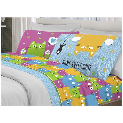 Completo Lenzuola Letto Pensieri Delicati 100% Cotone Dis. Happy Cat Multicolor Singolo Multicolor - Foto 1