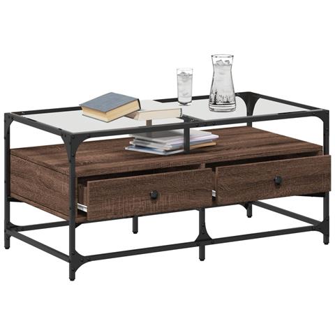 Tavolino Con Piano In Vetro Rovere Marrone 98,5x50x45cm Acciaio - Foto 3