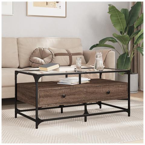 Tavolino Con Piano In Vetro Rovere Marrone 98,5x50x45cm Acciaio - Foto 1
