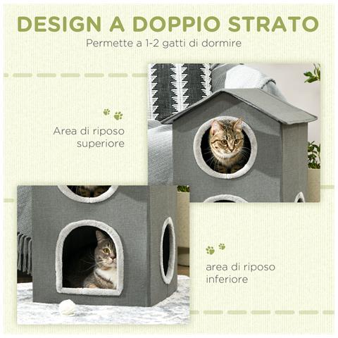 Casetta Per Gatti A Due Livelli Con Cuscini Lavabili 3 Entrate, 42x46x59.5 Cm, Grigio - Foto 6