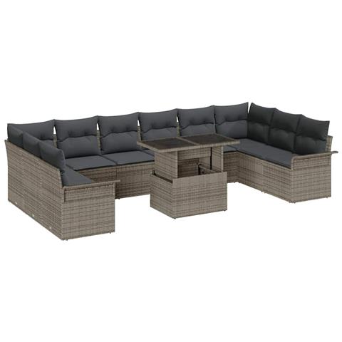 Set da giardino 11 pezzi con cuscini grigio in rattan - Foto 1