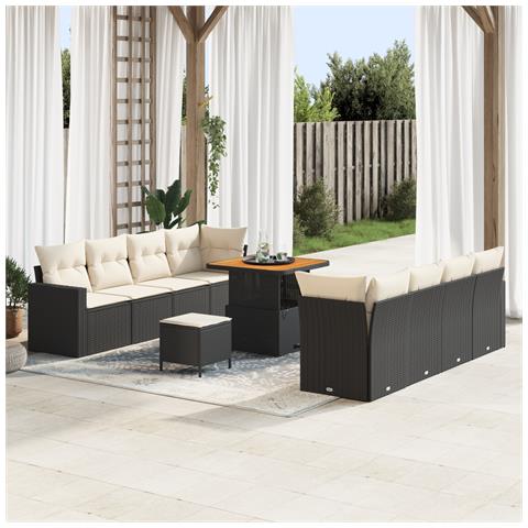 Set di Divani da Giardino  11 Pezzi con Cuscini Nero Rattan Polietilene Acacia, Set di Pranzo da Giardino  3 Pezzi con Cuscini Nero Rattan Polietilene Acacia - Foto 2