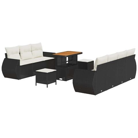 Set di Divano da Giardino con 10 Pezzi e Cuscini Rattan Nero Acacia, Set da Pranzo da Giardino con 3 Pezzi e Cuscini Rattan Nero Acacia - Foto 1