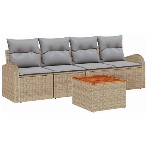 Set Divano da Giardino 5 Pezzi con Cuscini Beige Rattan Polietilene Acacia - Foto 1