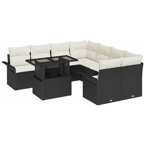 Set giardino 9 pezzi con cuscini - Rattan nero, Divano giardino 2 posti con ripostiglio e cuscini - Rattan nero - Foto 1