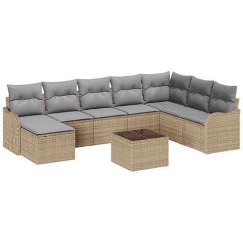 Set Divano Giardino 9 Pezzi con Cuscini Rattan Nero in Polyrattan, Divano Giardino 2 Posti con Cuscini Beige in Polyrattan - Foto 1