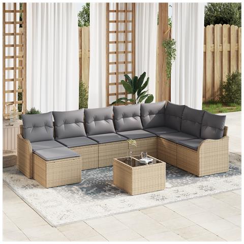 Set Divano Giardino 9 Pezzi con Cuscini Rattan Nero in Polyrattan, Divano Giardino 2 Posti con Cuscini Beige in Polyrattan - Foto 2
