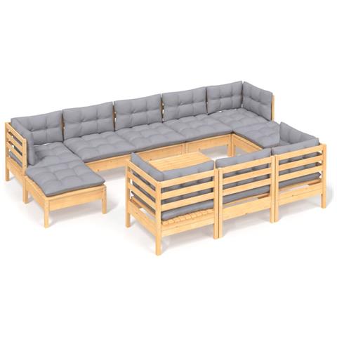 Set Divani da Giardino 11 pz con Cuscini Grigi Massello di Pino - Foto 1
