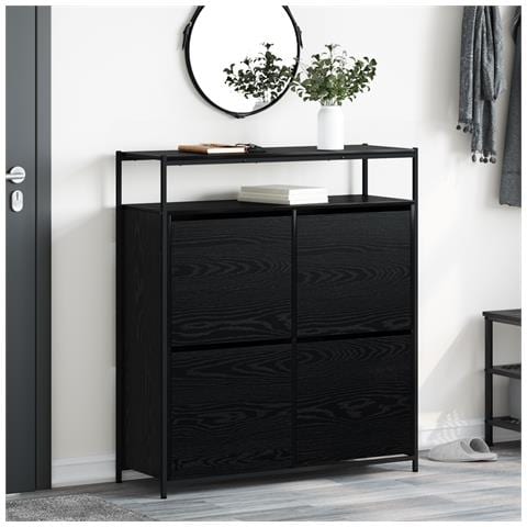 Mobile per scarpe con 4 cassetti a ribalta Rovere nero 100x34x112 cm - Foto 2