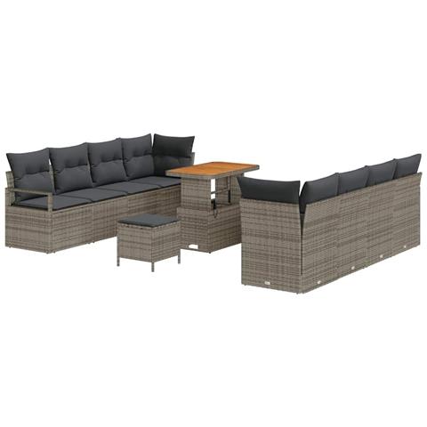 Set da Giardino 11 Pezzi con Cuscini Grigio Poly Rattan Acacia,  Divano da Giardino 2 Posti con Cuscini Grigio Poly Rattan,  Set da Pranzo da Giardino 3 Pezzi con Cuscini Grigio Poly Rattan Acacia - Foto 1