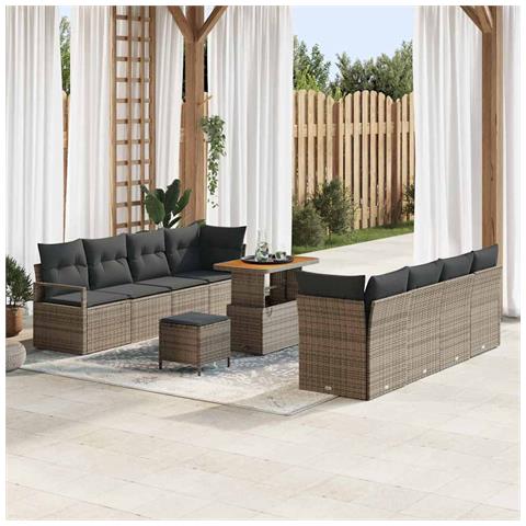 Set da Giardino 11 Pezzi con Cuscini Grigio Poly Rattan Acacia,  Divano da Giardino 2 Posti con Cuscini Grigio Poly Rattan,  Set da Pranzo da Giardino 3 Pezzi con Cuscini Grigio Poly Rattan Acacia - Foto 2
