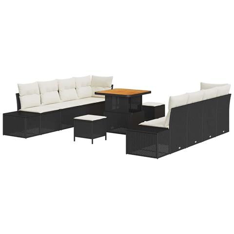 Set di Divani da Giardino 11 Pezzi con Cuscini Nero Rattan Polivalente Acacia, Divano da Giardino 2 Posti con Cuscini Nero Rattan Polivalente, Set da Pranzo da Giardino 3 Pezzi con Cuscini Nero Rattan Polivalente Acacia - Foto 1