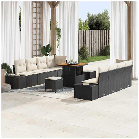Set di Divani da Giardino 11 Pezzi con Cuscini Nero Rattan Polivalente Acacia, Divano da Giardino 2 Posti con Cuscini Nero Rattan Polivalente, Set da Pranzo da Giardino 3 Pezzi con Cuscini Nero Rattan Polivalente Acacia - Foto 2