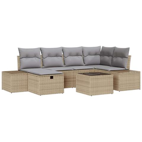 Set divani giardino da 7 pezzi con cuscini beige in polyrattan - Foto 1