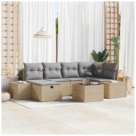 Set divani giardino da 7 pezzi con cuscini beige in polyrattan - Foto 2