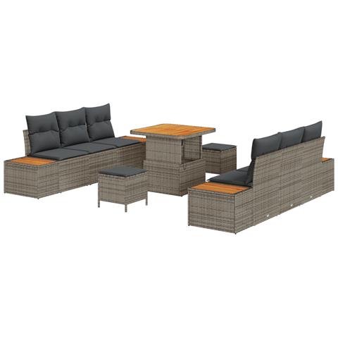 Set divano da giardino 9 pezzi con cuscini grigio polyrattan acacia, Set da pranzo da giardino 3 pezzi con cuscini grigio polyrattan acacia - Foto 1