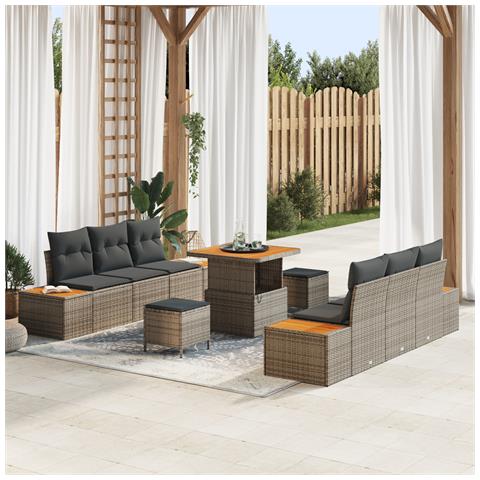 Set divano da giardino 9 pezzi con cuscini grigio polyrattan acacia, Set da pranzo da giardino 3 pezzi con cuscini grigio polyrattan acacia - Foto 2