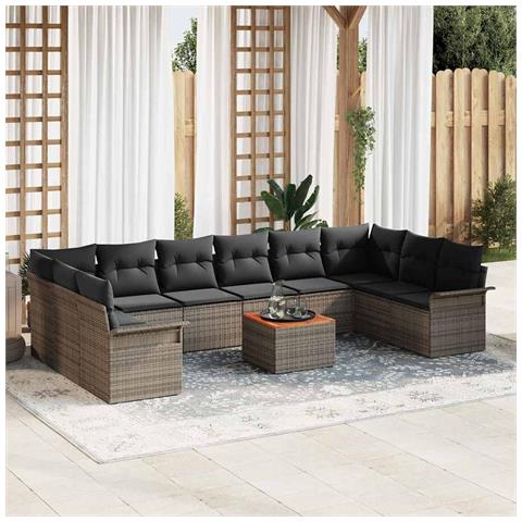 Set Divano da Giardino di 11 Pezzi con Cuscini Grigio Polyrattan Acacia, Divano da Giardino 2-Persone con Storage e Cuscini Grigio Polyrattan - Foto 2