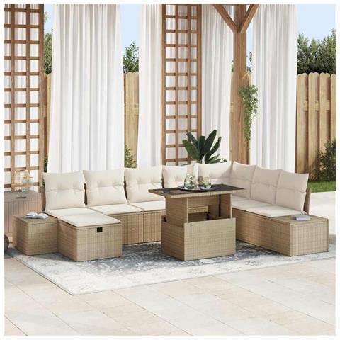 Set Giardino 9 Pezzi con Cuscini Beige in Rattan Polietilene - Foto 2