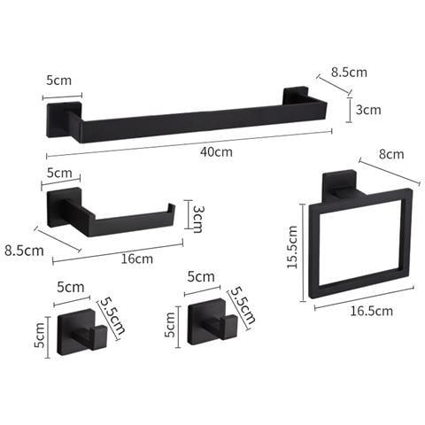 Set Di Accessori Da Bagno Quadrati In Acciaio Inox, 5 Pezzi, 40cm - Montaggio A Parete Black - Foto 2