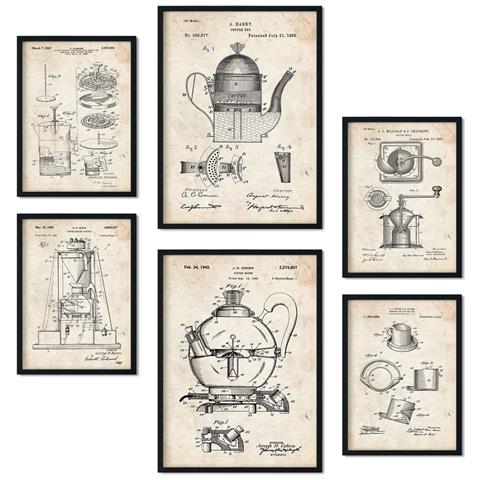 Set Di 6 Stampe Poster Con Brevetti Di Macchine Da Caffè Poster Con Immagini Di Brevetti Retrò Design D'interni In Stile Vintage A3 & A4 Cornice Nera - Foto 1