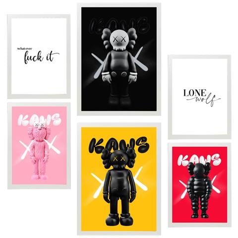 Set Di 6 Stampe Iconico Dipinto Colorato Incorniciato Di Kaws Con Illustrazioni Di Design Per Le Pareti Del Tuo Negozio Di Casa A3 & A4 Cornice Bianca - Foto 1