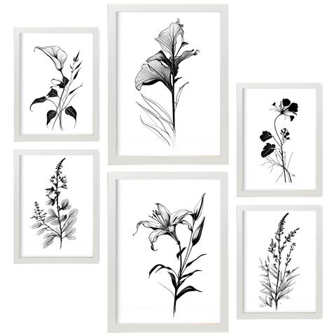Set Di 6 Stampe Boutonnieres Stampe Naturalistiche E Botaniche Con Motivi Floreali Nel Classico Design D'interni In Bianco E Nero A3 & A4 Cornice Bianca - Foto 1
