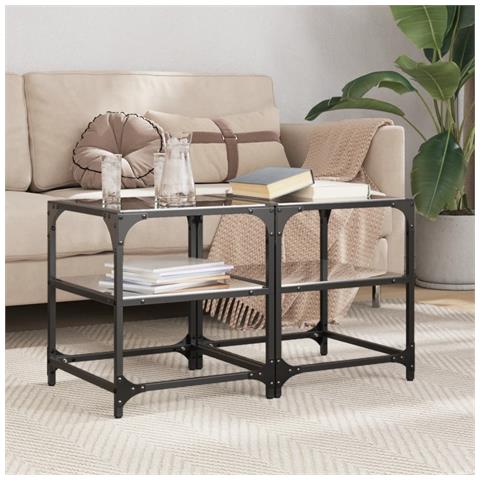 Tavolini Da Salotto Con Piano Vetro Nero 2pz 40x40x45cm Acciaio - Foto 1