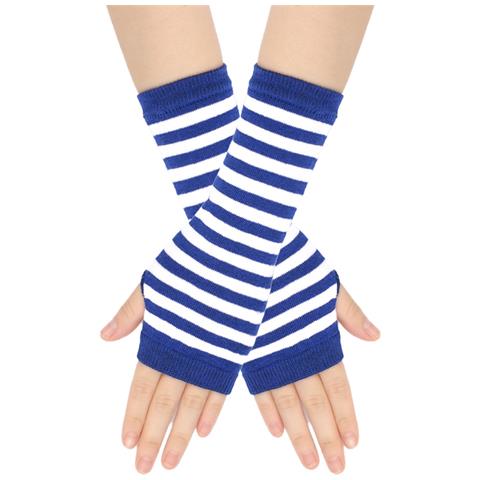 Guanti Senza Dita A Righe, Scaldamuscoli Per Le Braccia In Maglia Con Foro Per Il Pollice White+blue - Foto 1
