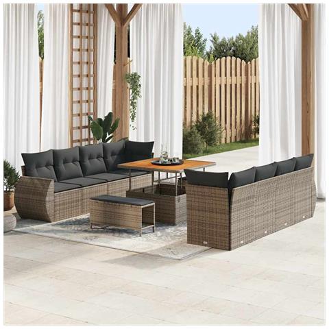 Set da giardino 11 pezzi con cuscini grigio polyrattan acacia,  Set da pranzo da giardino 3 pezzi con cuscini grigio polyrattan acacia - Foto 2