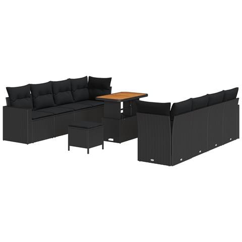 Set di Divani da Giardino  11 Pezzi con Cuscini Nero Rattan Sintetico Acacia, Set di Mobili da Giardino  3 Pezzi con Cuscini Nero Rattan Sintetico Acacia - Foto 1