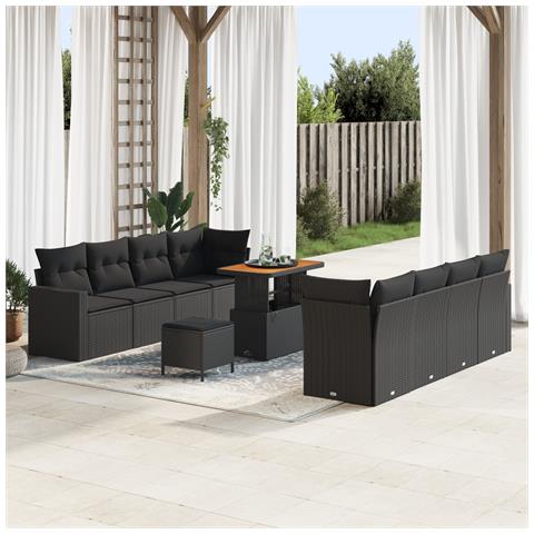 Set di Divani da Giardino  11 Pezzi con Cuscini Nero Rattan Sintetico Acacia, Set di Mobili da Giardino  3 Pezzi con Cuscini Nero Rattan Sintetico Acacia - Foto 2