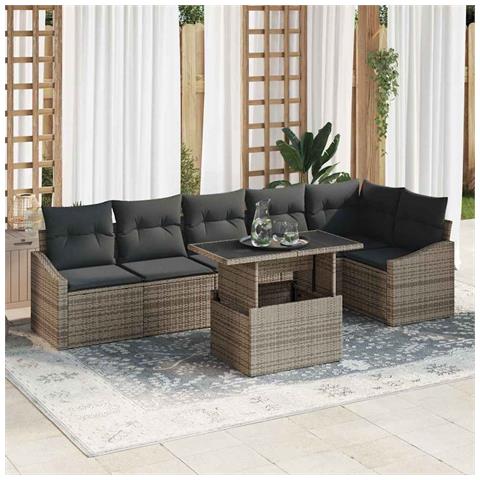 Set di divano da giardino con 7 pezzi e cuscini Grigio in rattan polietileno - Foto 2