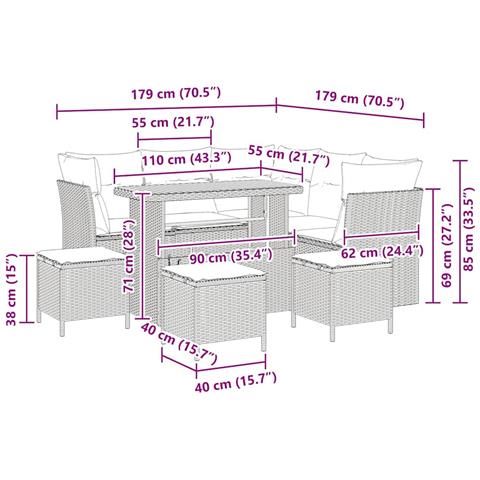 Set Divano da Giardino 9 Pezzi con Cuscini Grigio Polyrattan Acacia, Set da Pranzo da Giardino 4 Pezzi con Cuscini Grigio Polyrattan Acacia - Foto 9