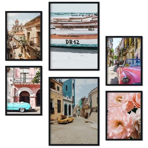 Set Di 6 Stampe Immagini Di Cuba, Stampe Artistiche Da Parete, Poster, Decorazioni, Design D'interni, Galleria D'arte A3 & A4 Cornice Nera - Foto 1