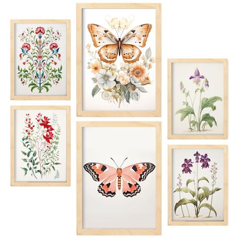 Set Di 6 Stampe Fiori E Farfalle Nella Scuola Materna: Dipinti Decorativi Estetici Per Il Tuo Soggiorno A Casa A3 & A4 Telaio In Legno Chiaro - Foto 1