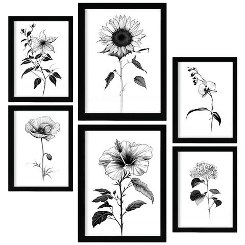 Set Di 6 Stampe Stampe Floreali Luminose E Botaniche Con Motivi Floreali In Un Classico Design D'interni In Bianco E Nero A3 & A4 Cornice Nera - Foto 1