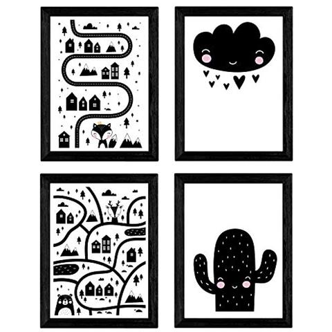 Set Di 4 Stampe Città, Città, Cactus Del Deserto E Cuori Cloud. Poster Di Animali Cornice Nera A4 - Foto 1