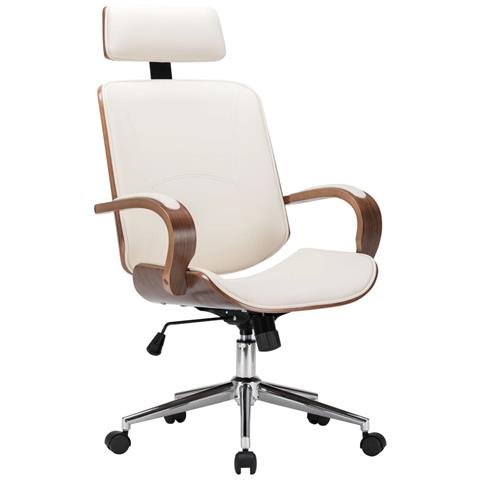 Sedia Girevole Con Poggiatesta Crema Similpelle E Legno Curvato - Foto 1