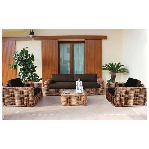 Set Salotto Divano 3 Posti Con 2 Poltrone Tavolo E Cuscini In Rattan Naturale Porto Cervo - Foto 1
