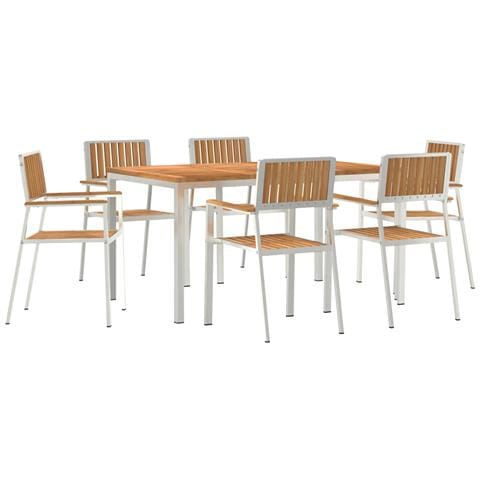 Set pranzo giardino 7 pezzi in legno massello di teak, Tavolo pranzo esterno 150x90x75 cm in legno massello di teak, Sedie giardino impilabili 2 pz in legno massello di teak e metallo, Sedie giardino impilabili 4 pz in legno massello di teak e metallo - Foto 1