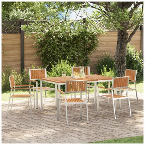 Set pranzo giardino 7 pezzi in legno massello di teak, Tavolo pranzo esterno 150x90x75 cm in legno massello di teak, Sedie giardino impilabili 2 pz in legno massello di teak e metallo, Sedie giardino impilabili 4 pz in legno massello di teak e metallo - Foto 2