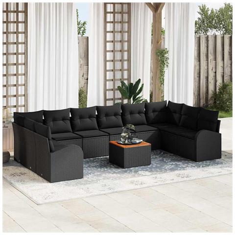 Set Divano da Giardino di 11 Pezzi con Cuscini Nero Polirattan Acacia - Foto 2