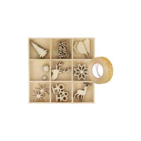 Scatola Di 27 Mini Decorazioni Natalizie Di Legno + Washi Tape Dorato 5 M - Foto 1