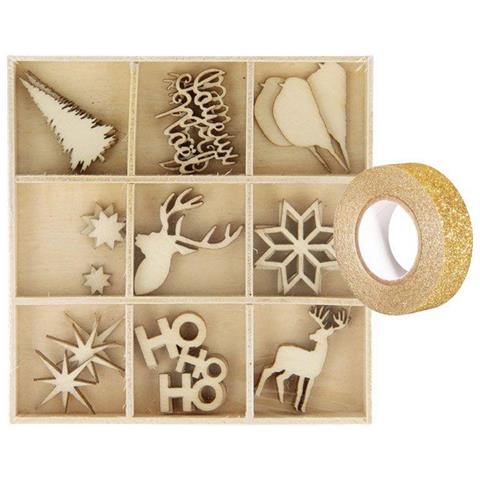 Scatola Di 27 Mini Decorazioni Natalizie Di Legno + Washi Tape Dorato 5 M - Foto 2